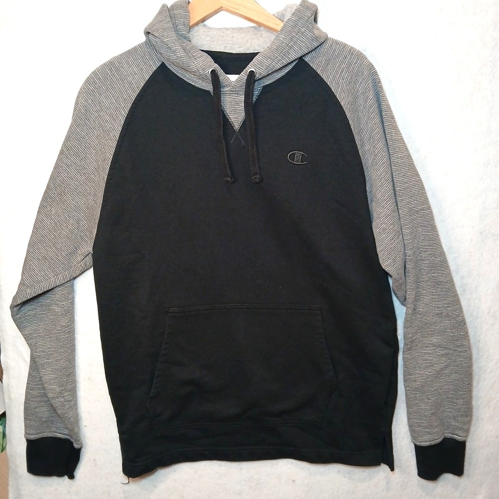 Champion Men Raglan Hoodie Black Gray Striped‎ Sleeve Pullover Sweatshirt Size M